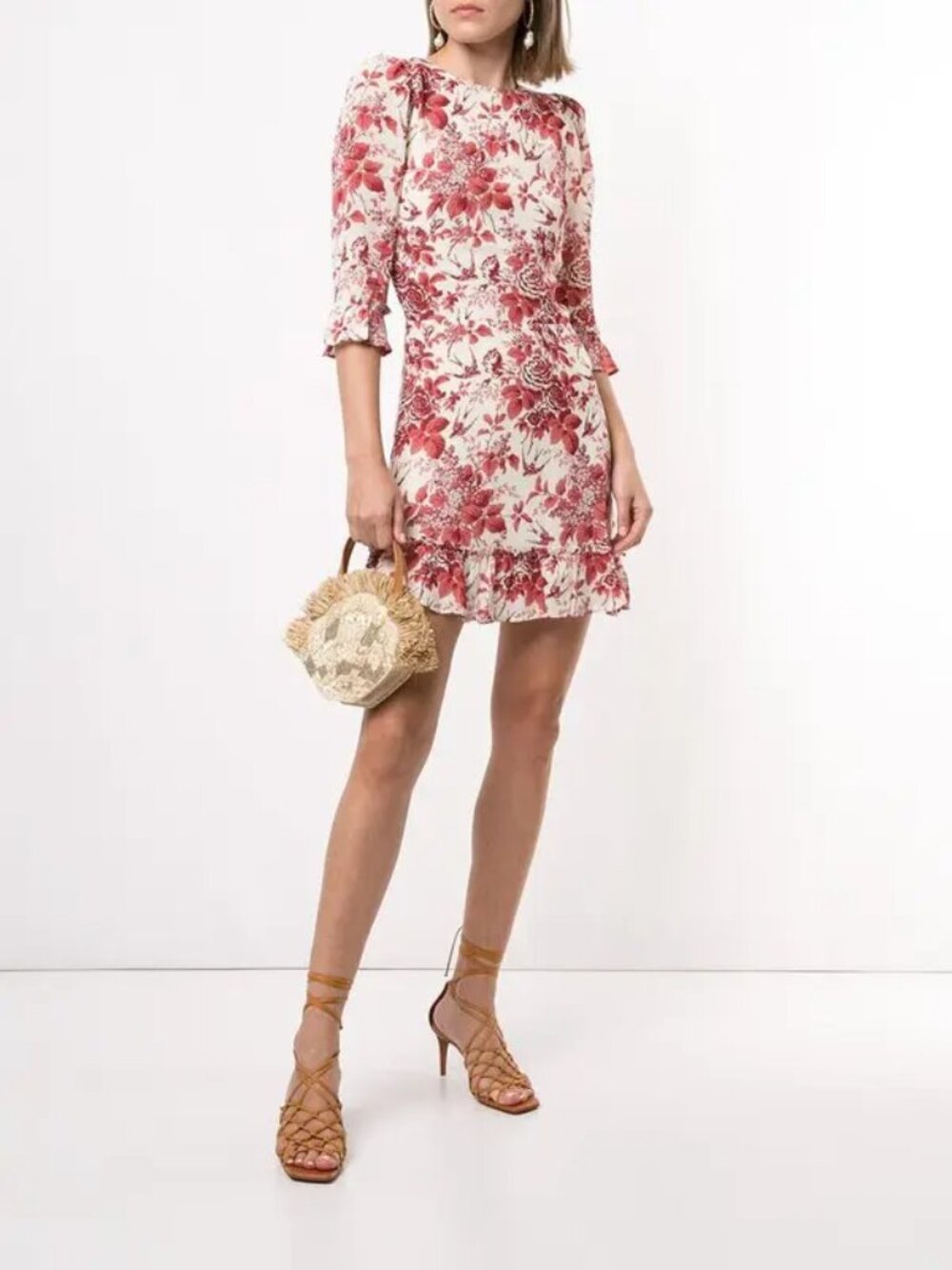 Reformation Doutzen Dress Mini Ruffle Bird Flowers Floral Keyhole Ivory Red 4